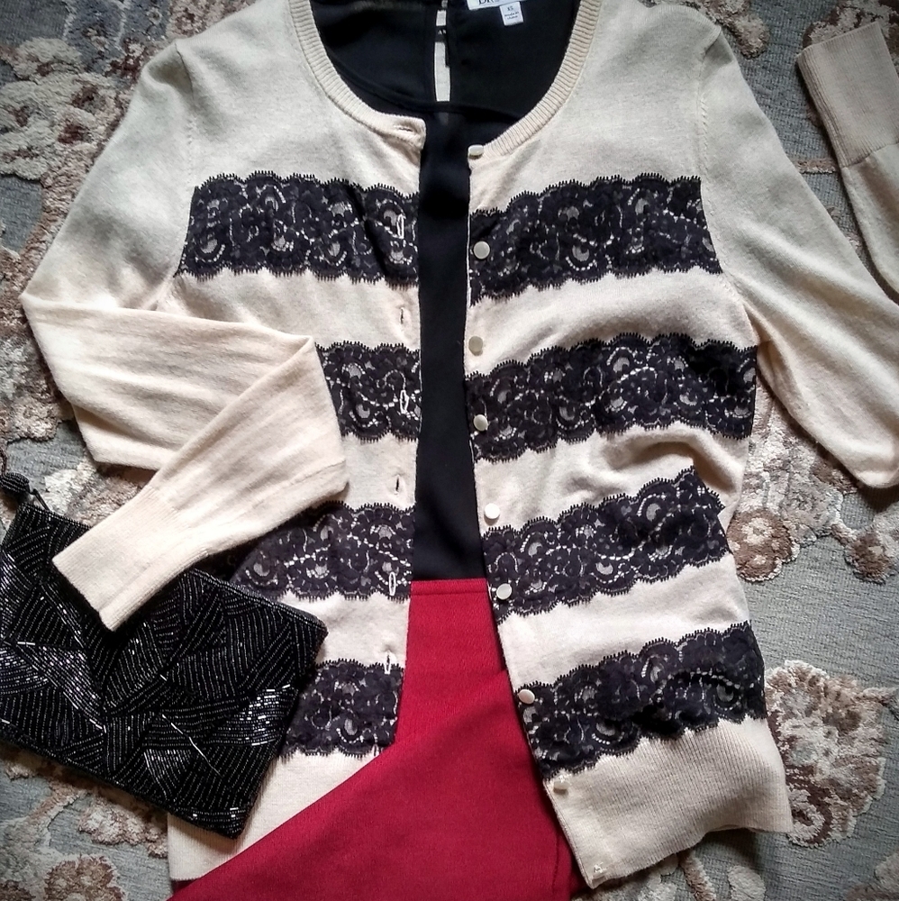 Ann Taylor Crew Neck Cardigan with Black Lace